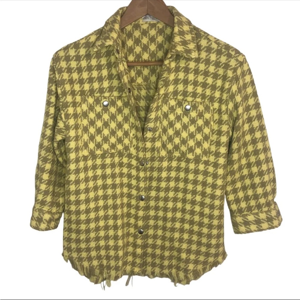 Authentic Zara Size 10 Tweed Houndstooth Short Shacket Shirt 3/4 Sleeve Woven